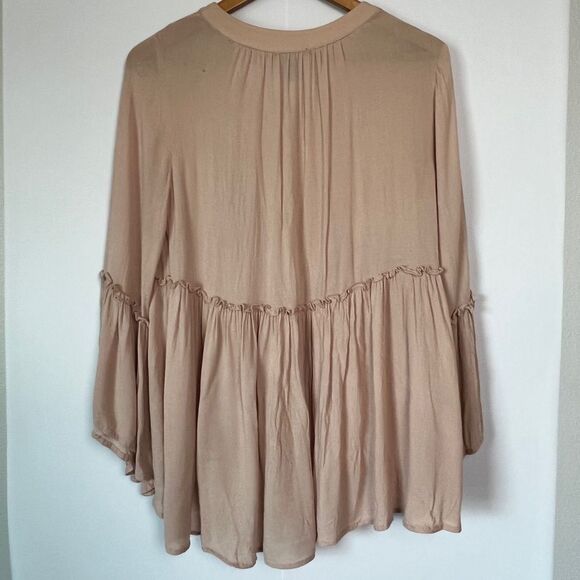 FOREVER 21 Nude Pink Bell Sleeve V-neck Mesh Detail Flowy Ruffle Boho Blouse - Picture 11 of 11